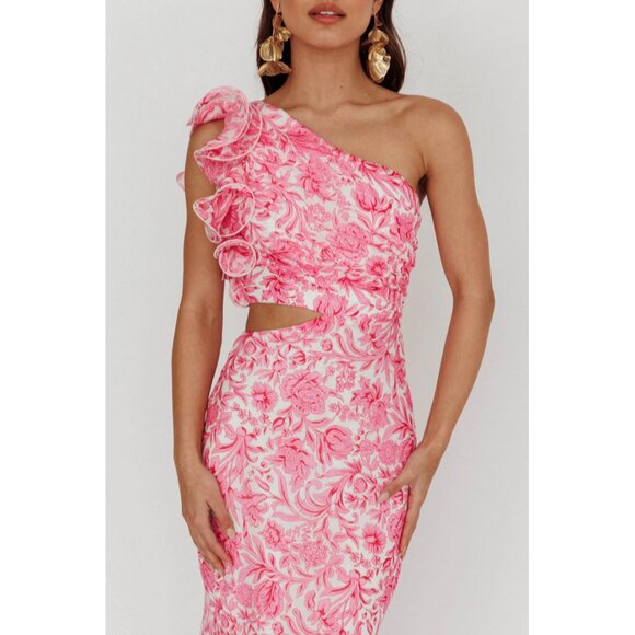 saints + secrets Sz. XL Floral Pink Deanna One-Shoulder Ruffle Maxi Dress - Picture 3 of 15